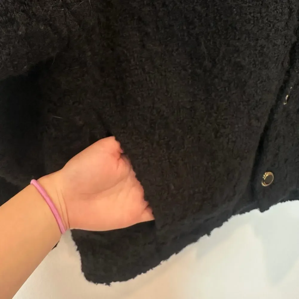 Frame Cocoon virgin wool blend boucle black button jacket medium